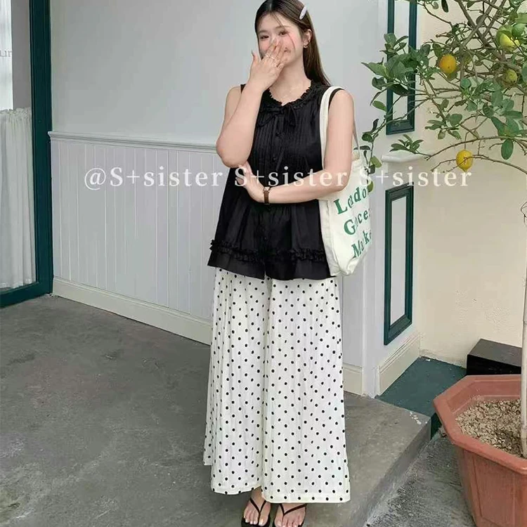 S+ V877大码吊带波点长裤套装新款宽松显瘦百搭减龄法式两件套