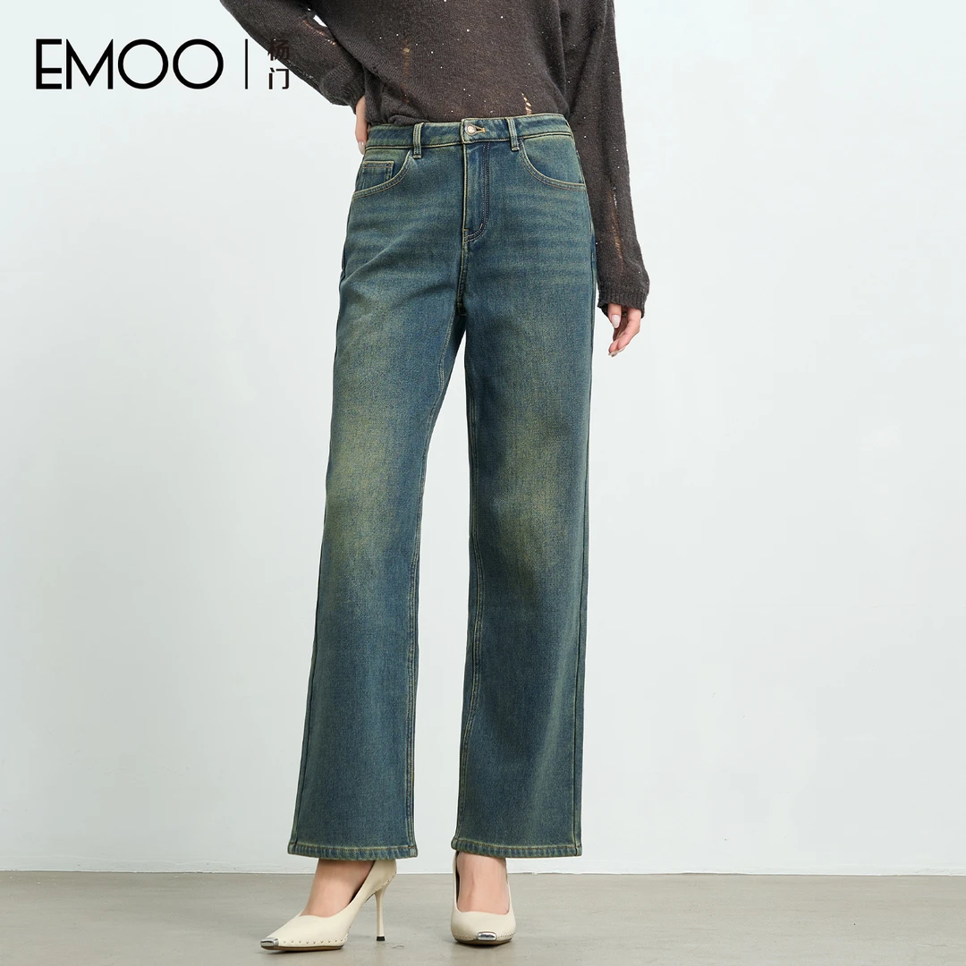 EMOO/杨门冬季水洗宽松腿粗屁股裤长裤牛仔裤休闲E44B014460