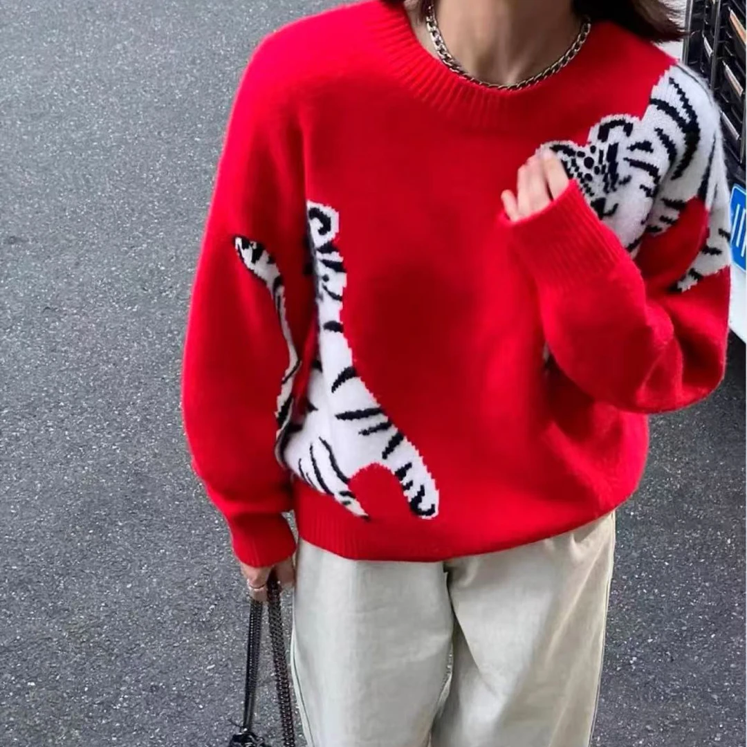 ！秋冬季新年红老虎提花套头针织毛衣E562