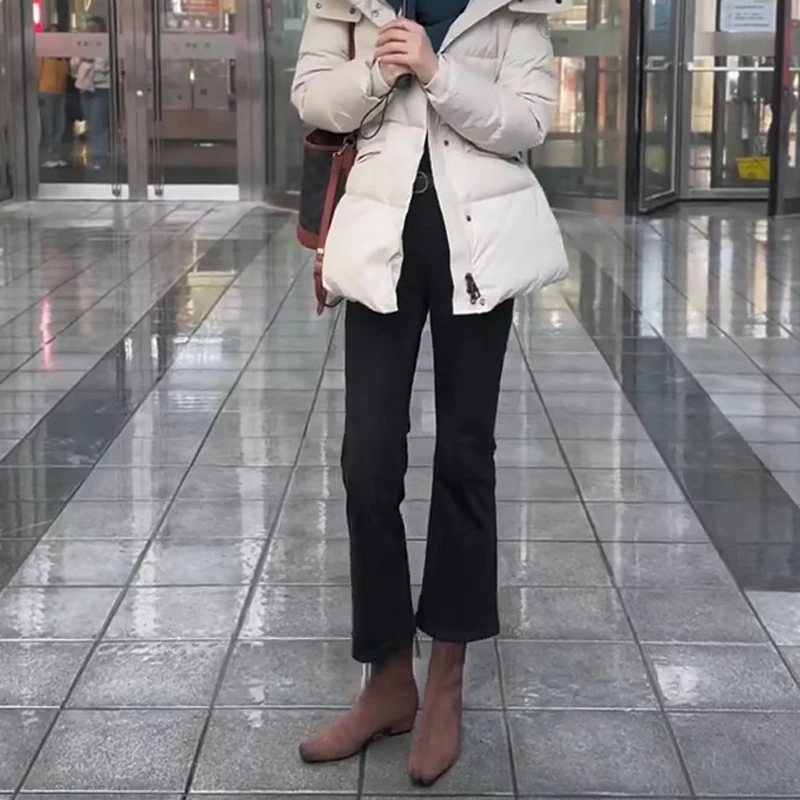 黑灰小个子微喇牛仔裤女秋冬加绒高腰百搭弹力显瘦修身九分喇叭裤