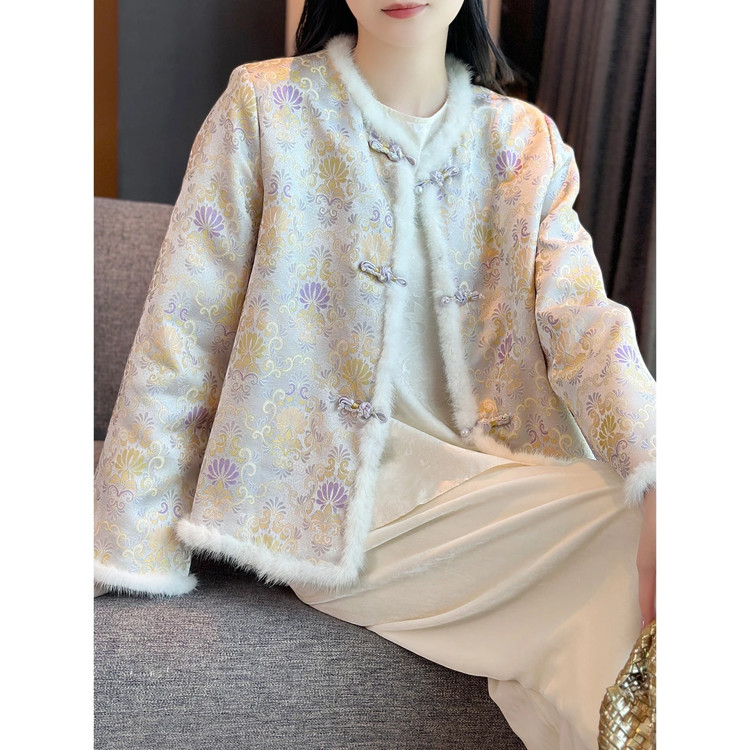 左左家 贵气新中式~真水貂毛拼接圆领盘扣宋锦提花桑蚕丝棉服外套