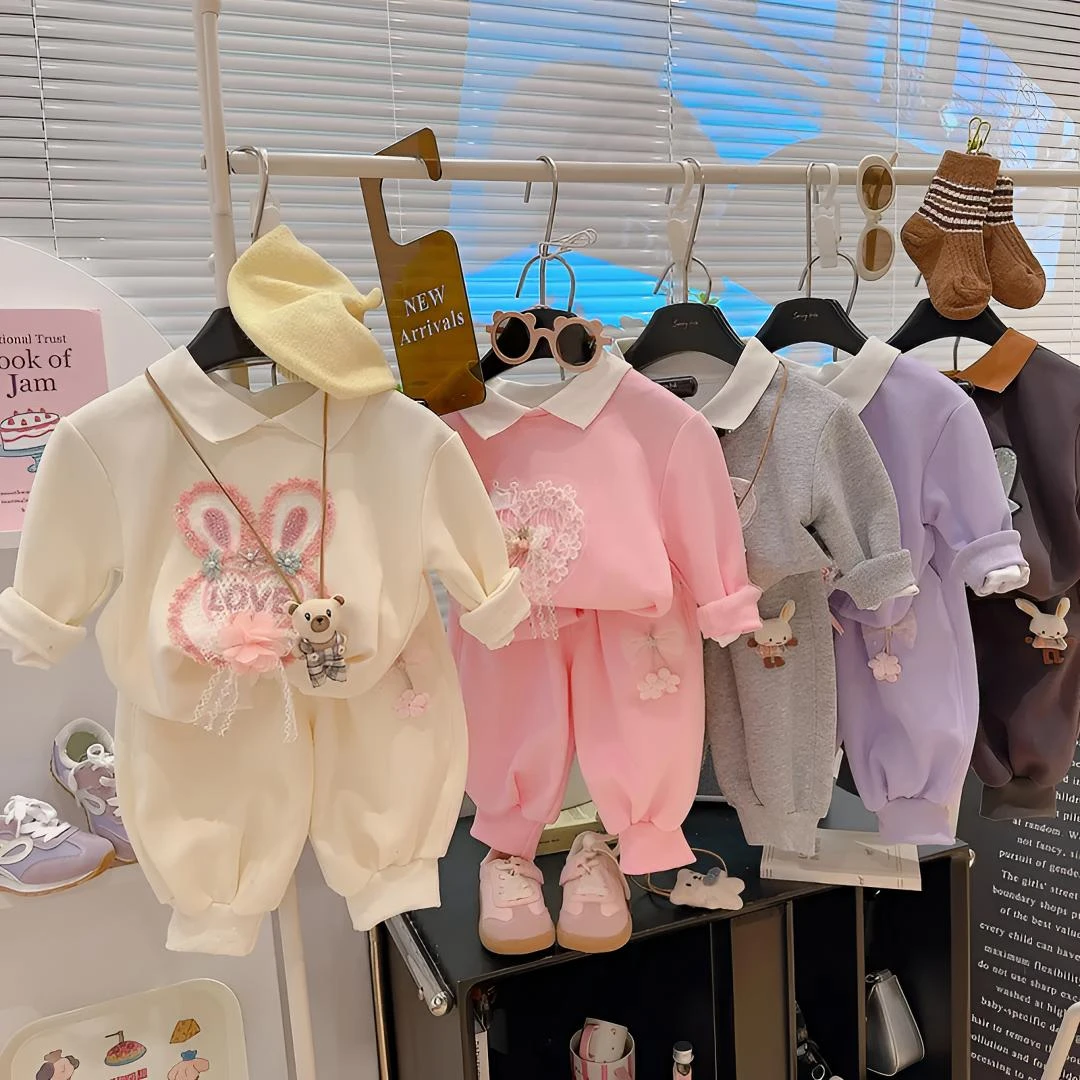 女童刺绣翻领套装小女孩春秋款洋气宝宝卫衣卫裤两件套装儿童时尚