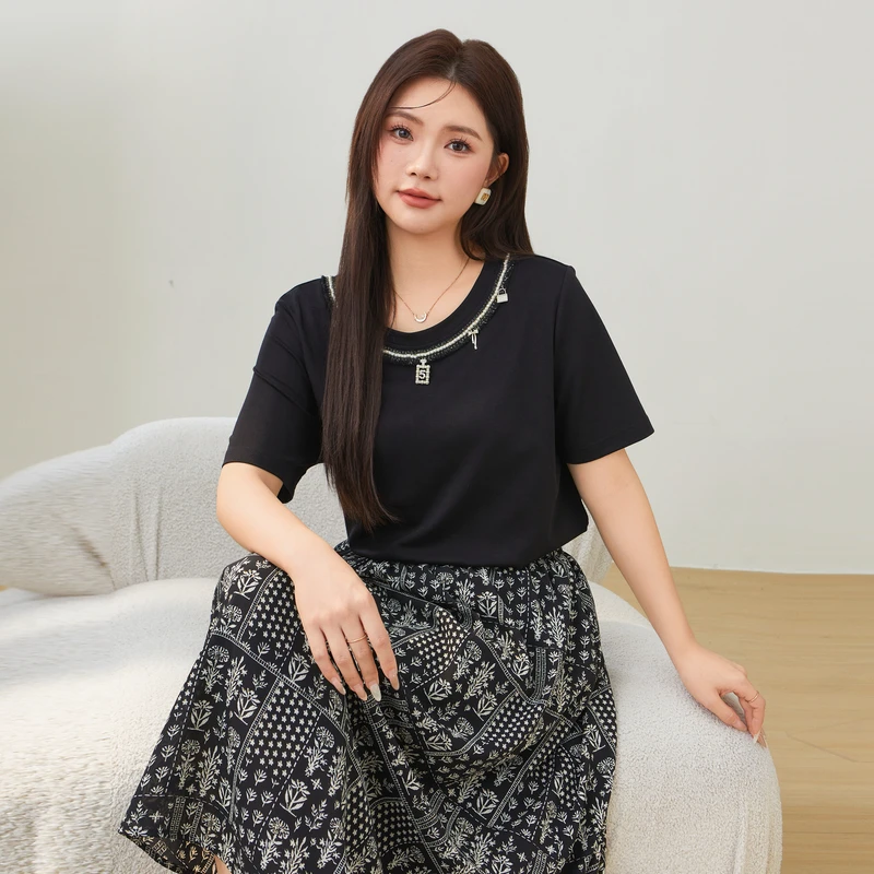 采多宝大码女装小香风奢华装饰织带T恤EXZ2678