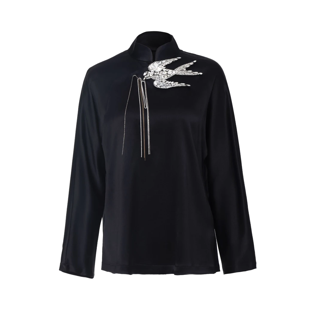 【鸢岘】迎燕手工水钻斜门襟黑色衬衣气质上衣打底衬衫YX0420241