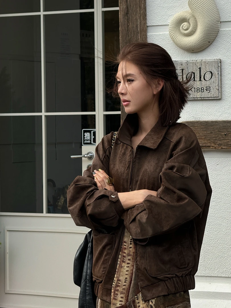 R-HER【美式夹克】美式复古做旧皮衣短外套女新款宽松休闲夹克上衣