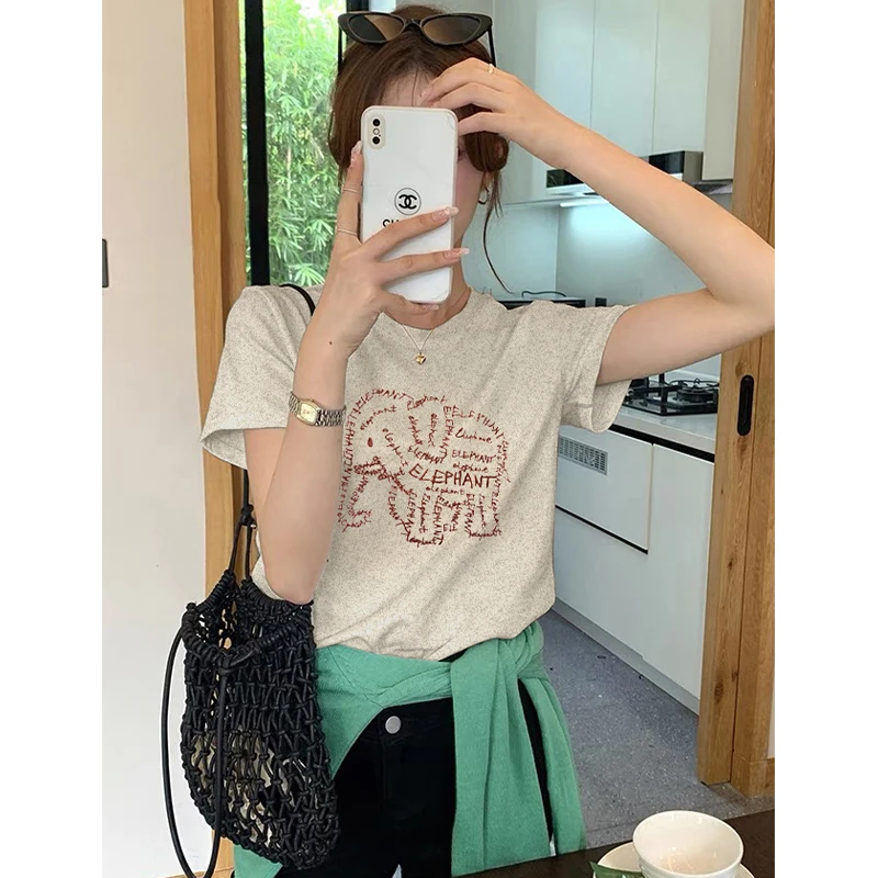 趣味小象刺绣T恤女夏季重工艺圆领短袖2025新款时尚洋气正肩上衣