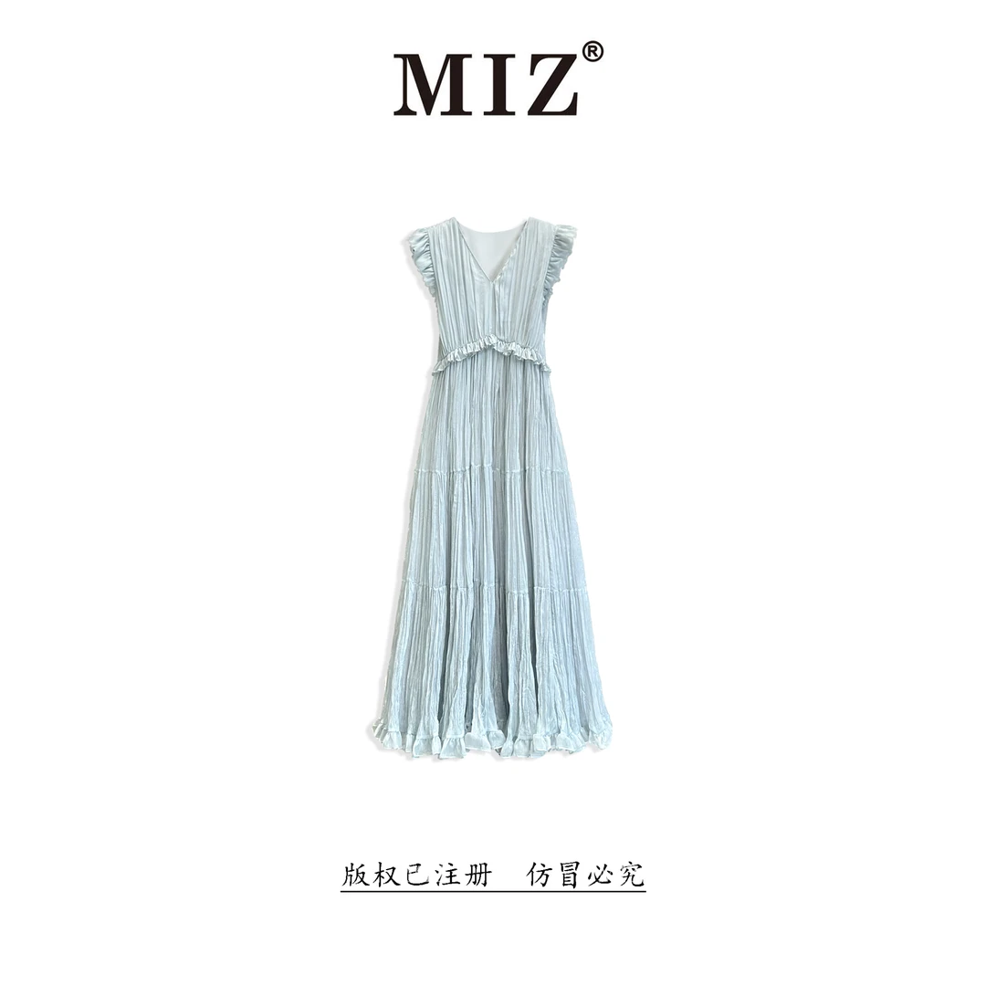 【MIZ】xi夏季优雅气质浅蓝色修身显瘦压褶花边仙气连衣裙2526145