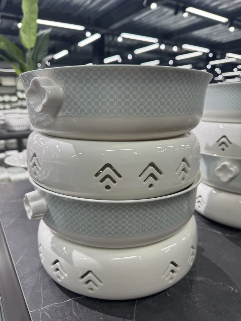 酒店餐厅中式陶瓷汤盘圆形干锅菜盘带盖加热保温明炉商用（套装）