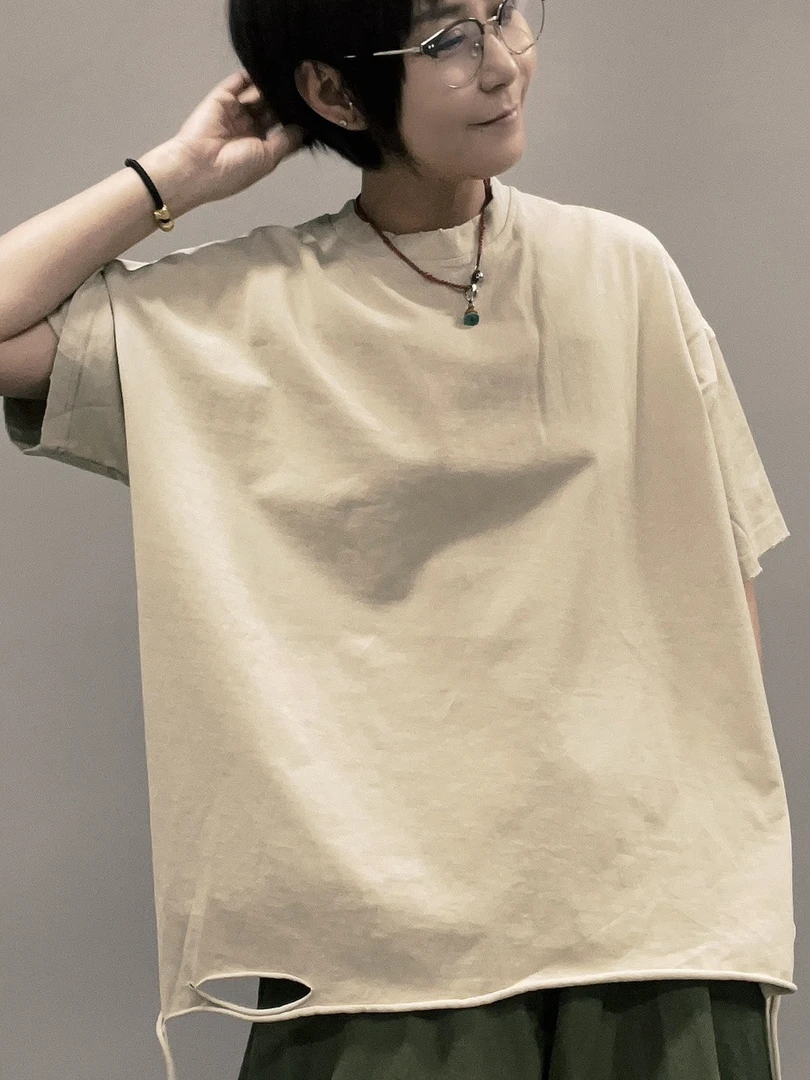 Z023 底边拉破须子设计半袖T恤宽松简约ins夏季