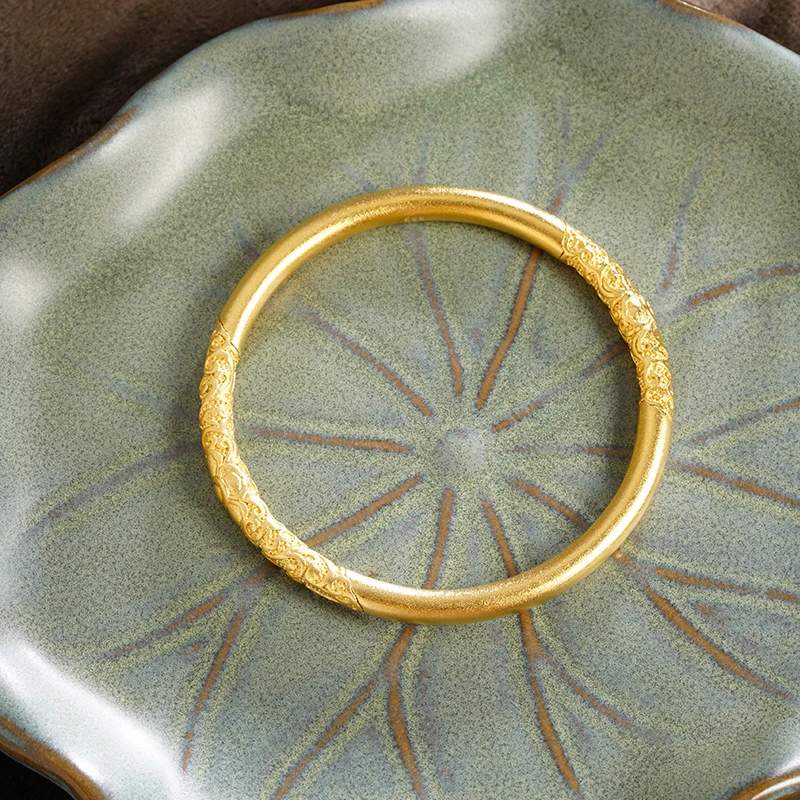 铜合金手镯越南镯子新中式素圈传承卷草纹手镯古法轻奢久不掉色百