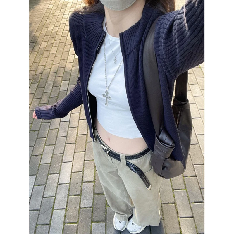 藏青色修身显瘦韩系针织上衣秋冬季新款拉链高领毛衣外套长袖女