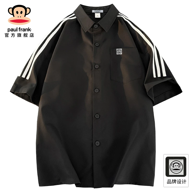 paul frank/大嘴猴条纹短袖衬衫男夏季新款宽松百搭痞帅休闲外套