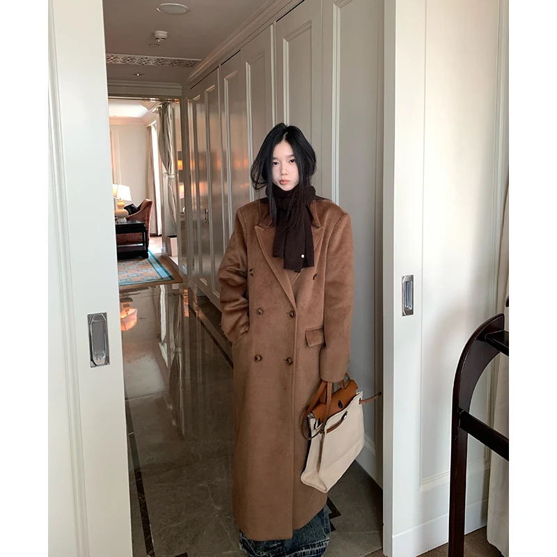 王少女的店【清清】咖色宽松长款毛呢外套秋冬季保暖上衣 N26879S44