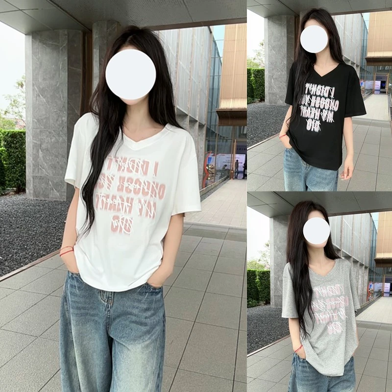 松弛感V领短袖T恤女夏季2025新款宽松显瘦印花休闲百搭上衣潮