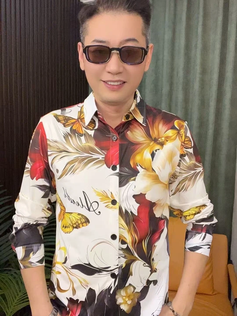 衬衫免烫几何时尚印花常规不起球夏季男士长袖男装套装