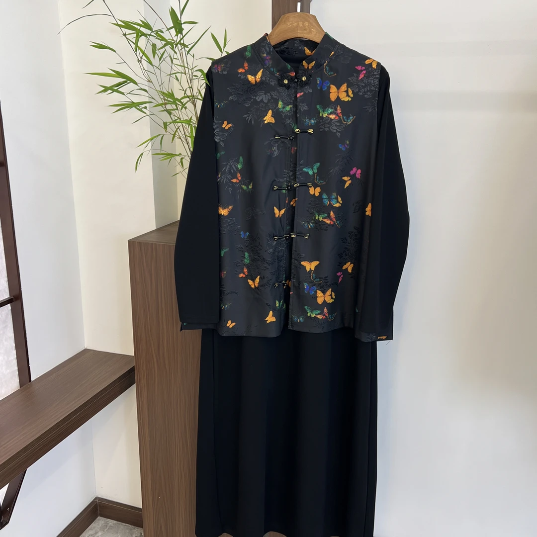 【彩蝶•两件套】深圳南油#秋季新中式蝴蝶单排扣马甲➕打底裙两件套