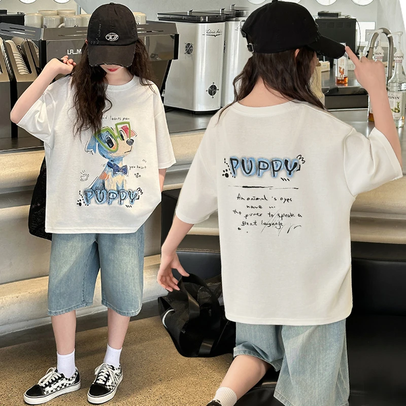 女童夏套装洋气2025新款女孩夏装时尚短袖牛仔中裤夏季休闲两件套