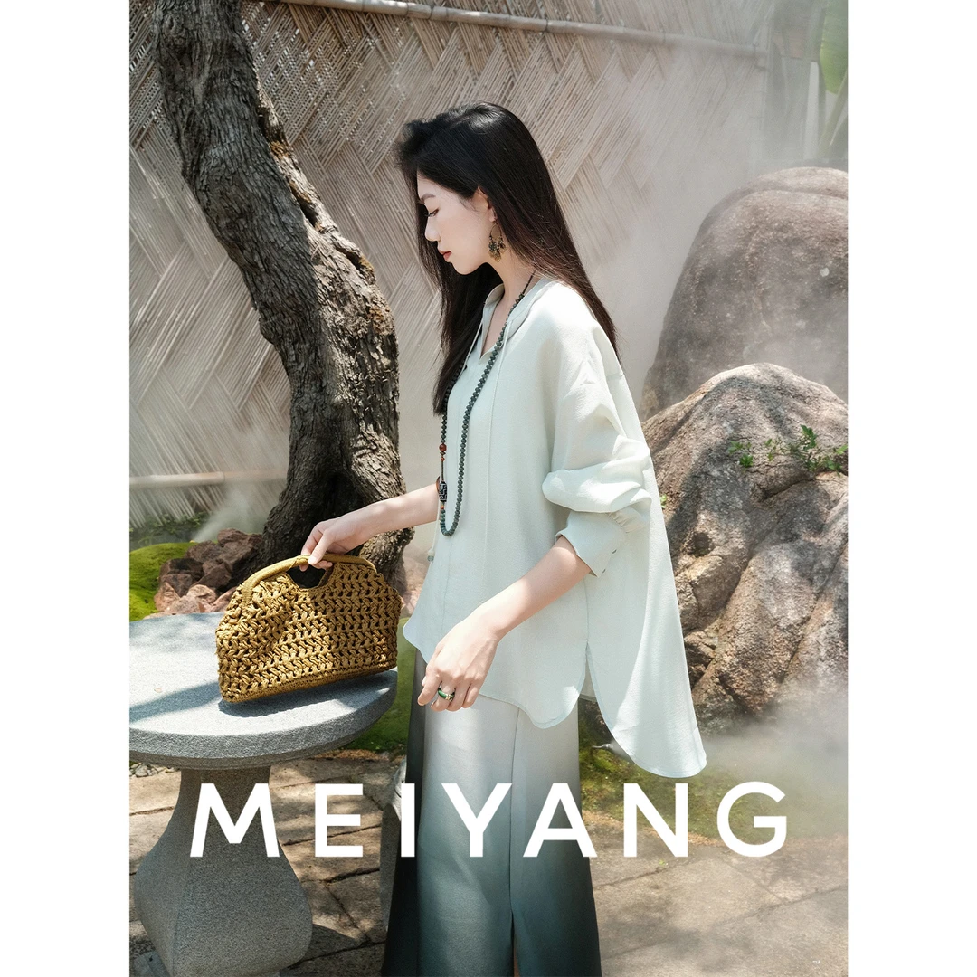 A美洋MEIYANG【商场同款】 玉玲珑醋酸雪纺衫 系带V领长袖上衣-周五