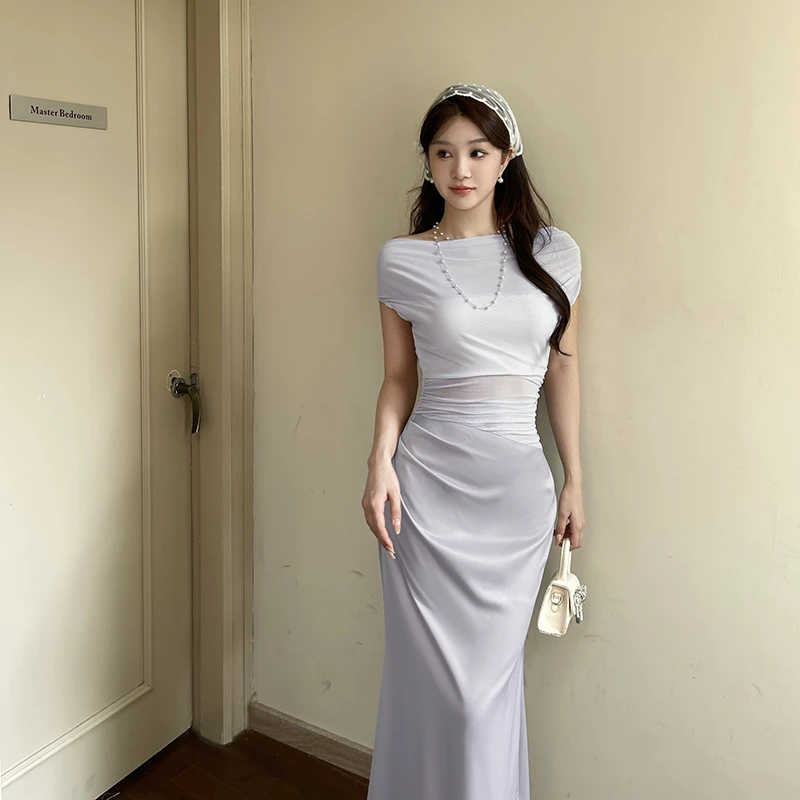 法式网纱拼接缎面连衣裙2025夏季新款显瘦收腰气质优雅御姐包臀裙