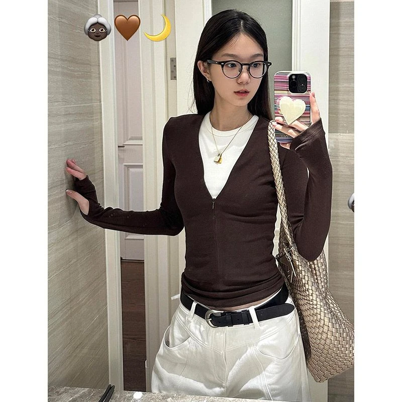 咖色半拉链叠穿长袖T恤少女2025春秋弹力设计感袖套打底修身上衣