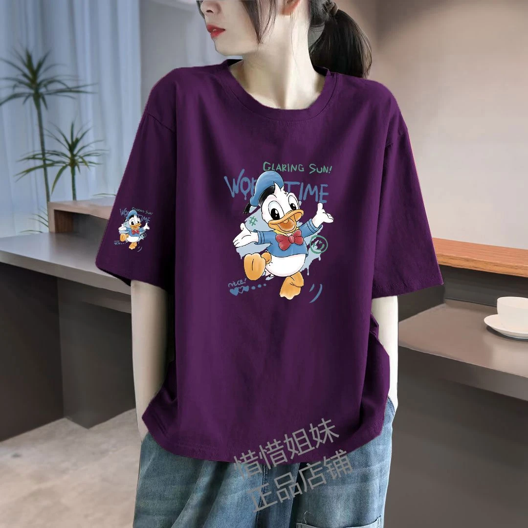 100%纯棉夏季新款外穿小众卡通短袖打底t恤拼接通勤宽松圆领上衣