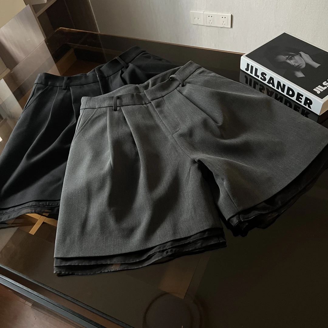 YUXI▪️2025早春新款韩版高腰显瘦时尚休闲下摆拼纱西装中裤女