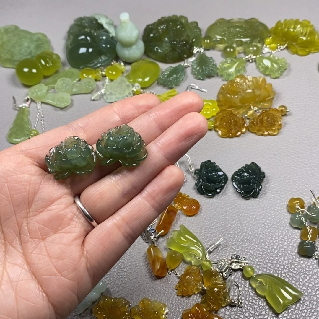 花***柿蛇纹石玉未镶嵌挂件耳饰耳环项链