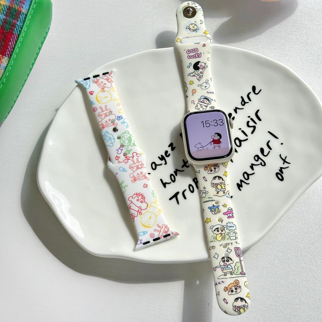 适用applewatchS10苹果手表SE男女S9可爱蜡笔小新硅胶S8表带7夏季