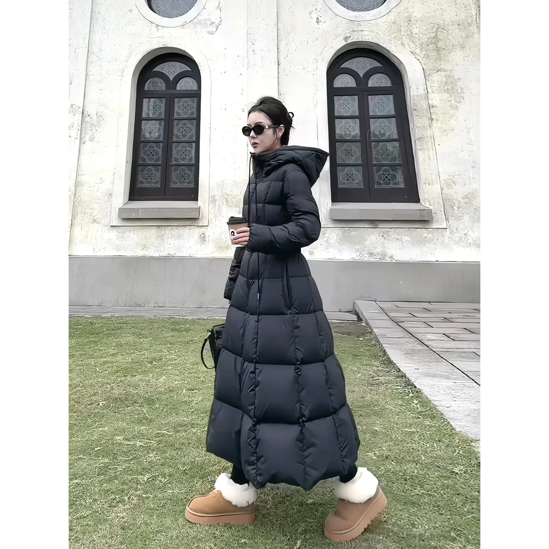 2025新款女装冬季修身超长款过膝黑色棉服女连帽外套加厚