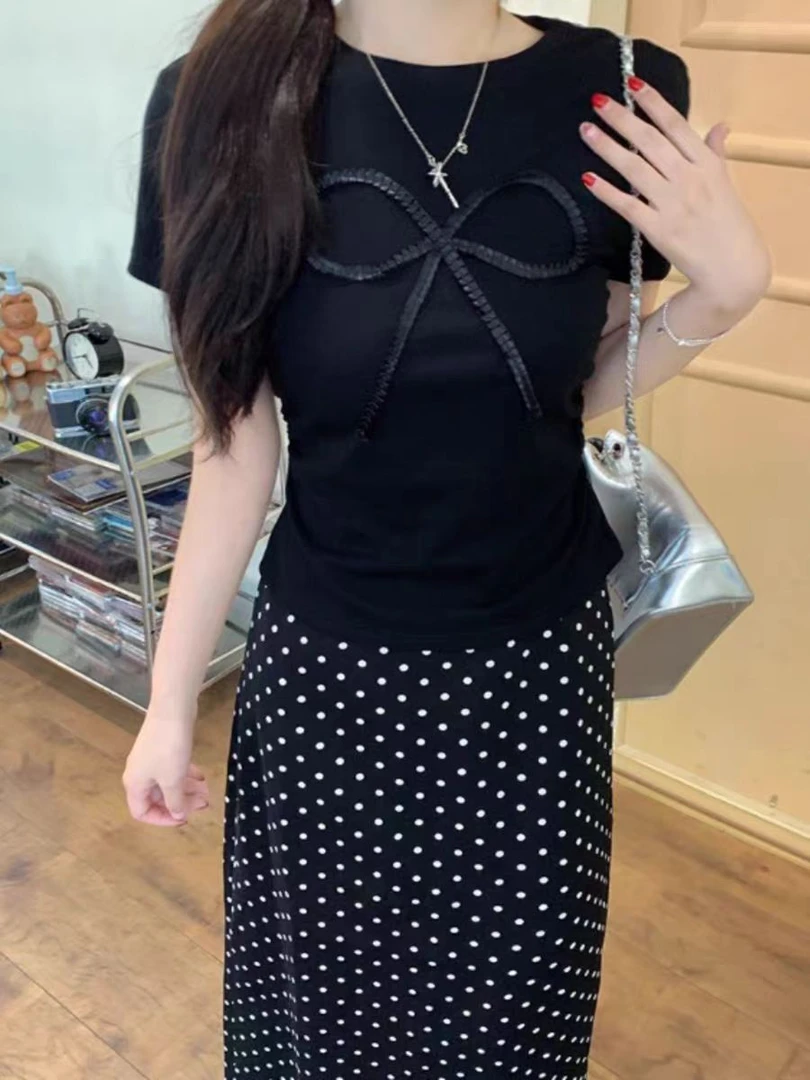 韩系蝴蝶结T恤波点半身裙两件套女夏季大码胖mm甜美气质显瘦套装