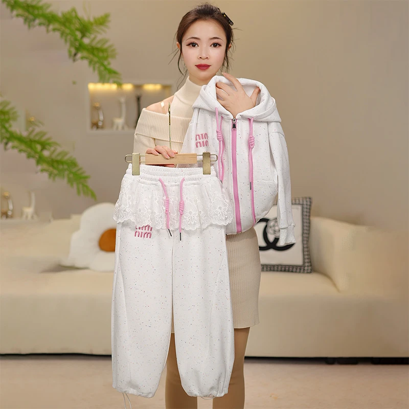 中大童彩色点点连帽外套裤子卫衣两件套女童春季休闲运动套装