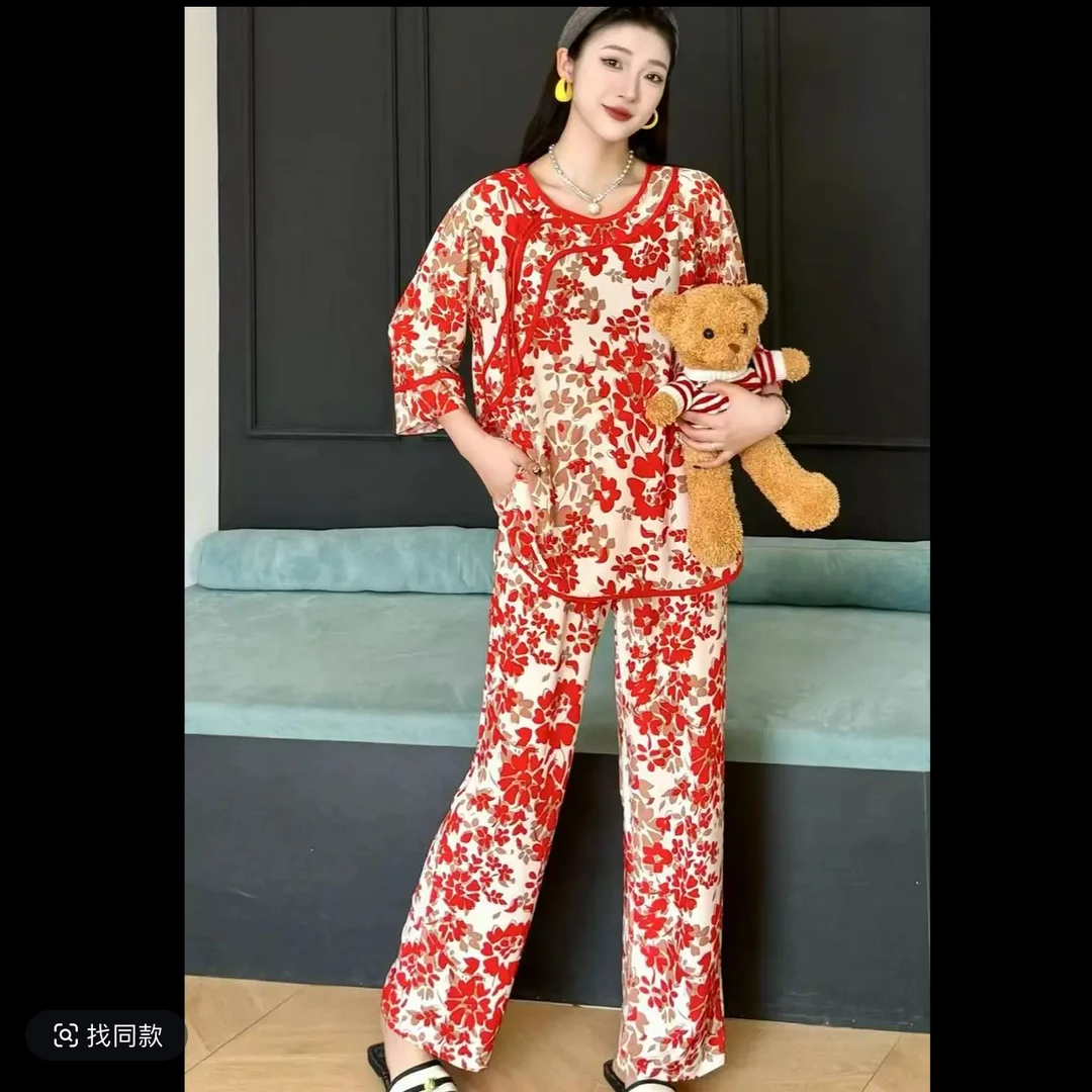 春夏2025新款家居冰丝网眼套装可外穿碎花大码
