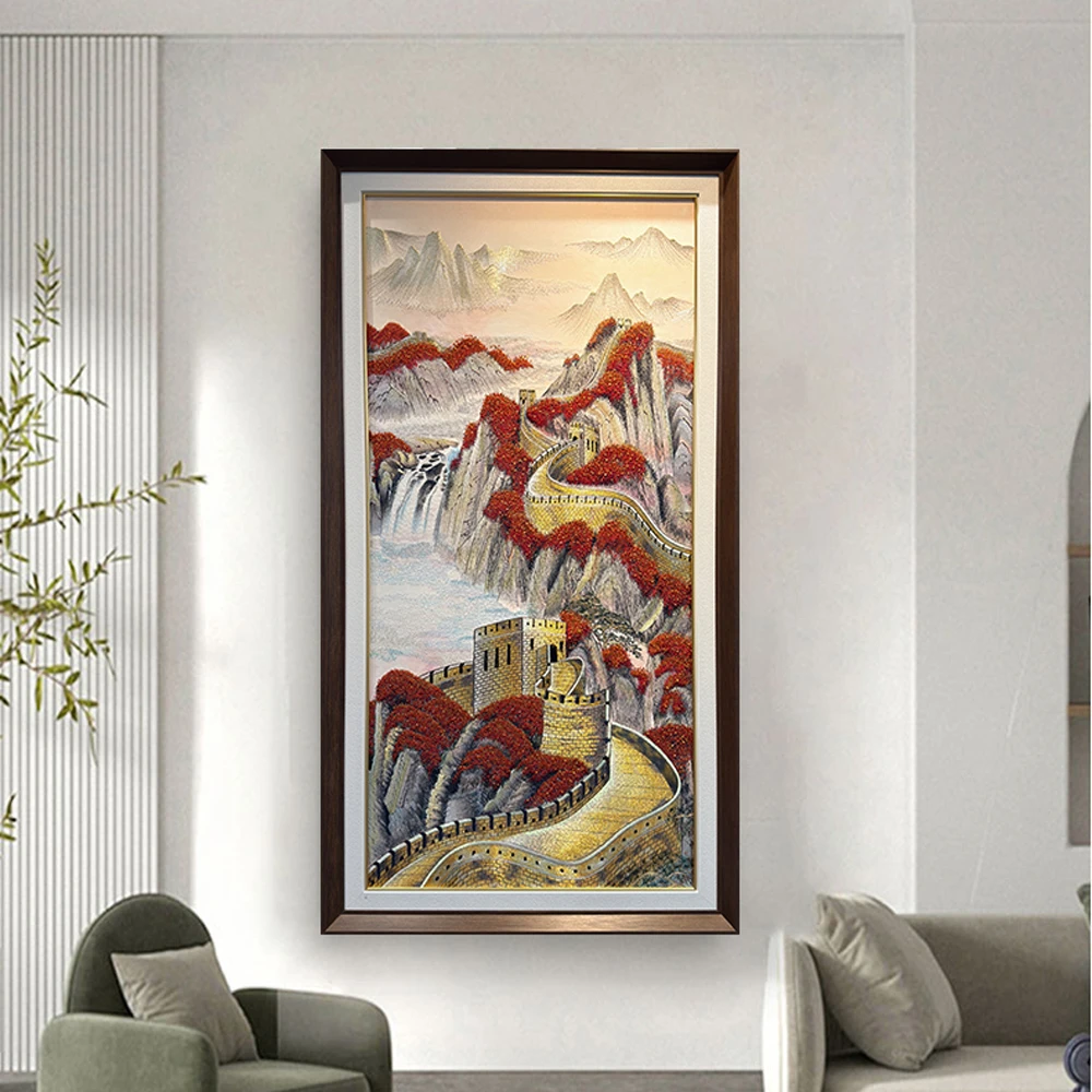 万里长城珠绣刺绣非遗手工传承客厅装饰画沙发背景墙挂画麒麟阁