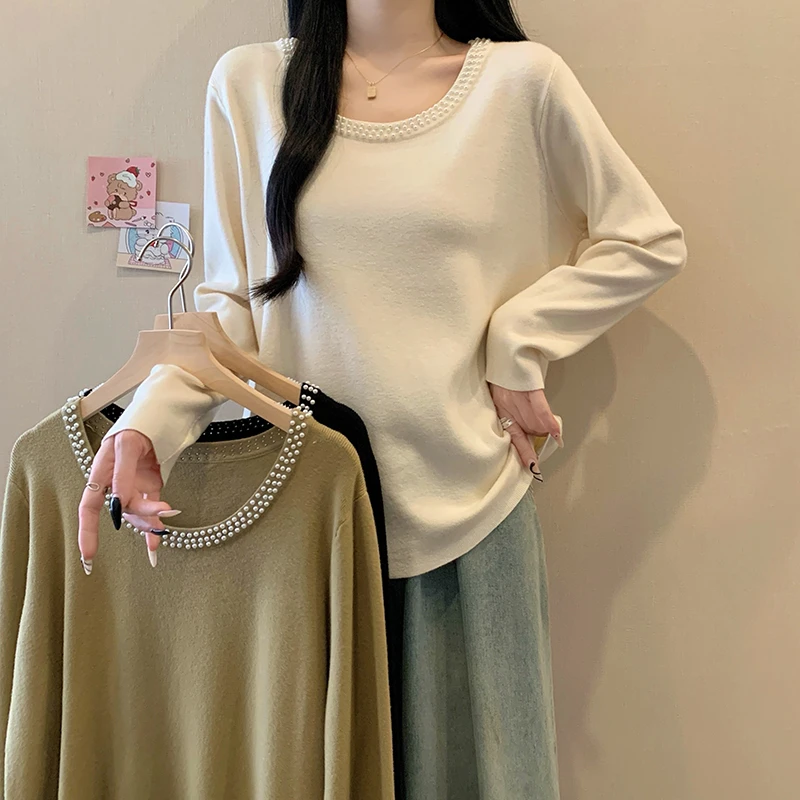 3556大码女装2025春季新款U领打底针织衫设计感钉珠宽松显瘦上衣