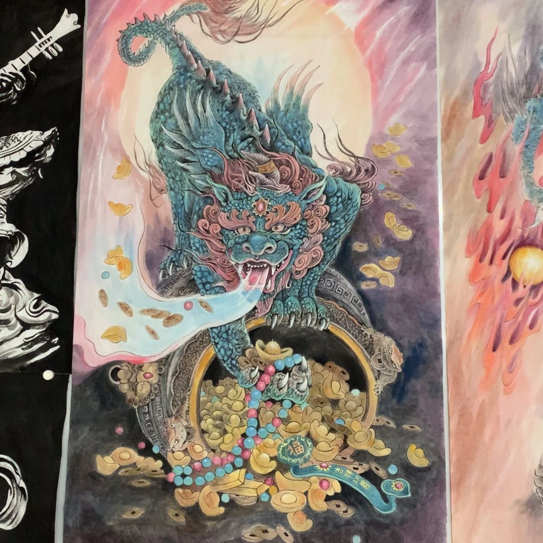 国画睡****。六尺手绘貔貅