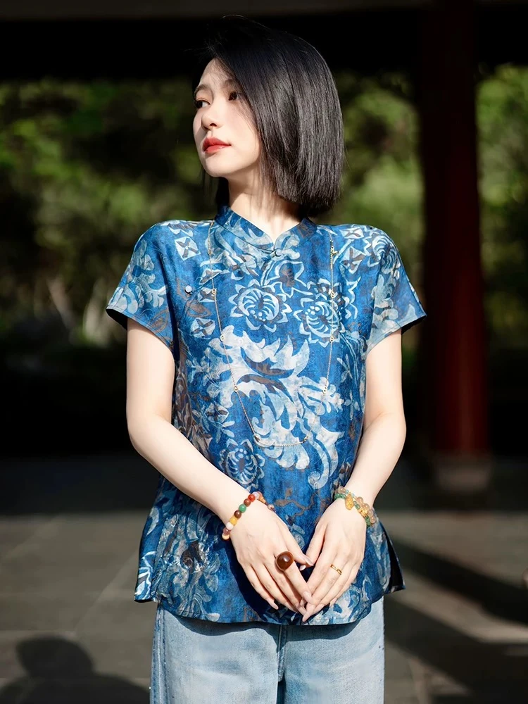 【青花瓷】新中式气质香云复古立领斜襟织花短袖