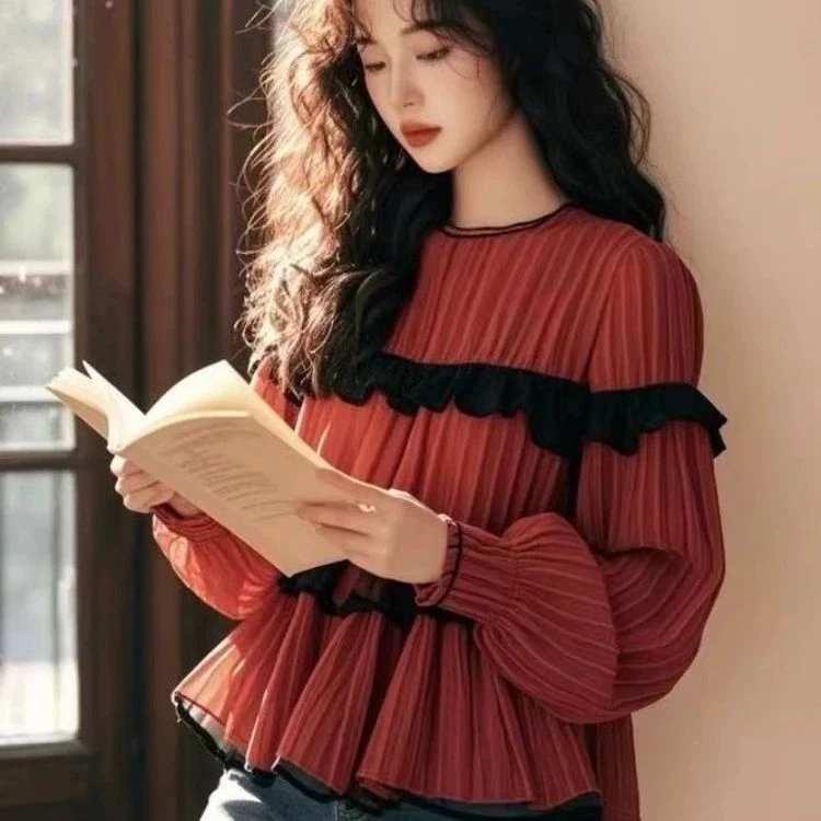 2025春季超火休闲百搭园领衬衫长袖减龄气质小衫短款显瘦简约衬衣