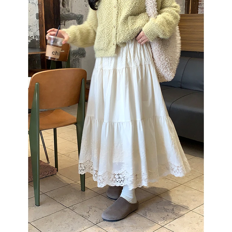 法式刺绣提花蕾丝拼接半身裙女秋冬韩系气质减龄设计感蛋糕长裙子