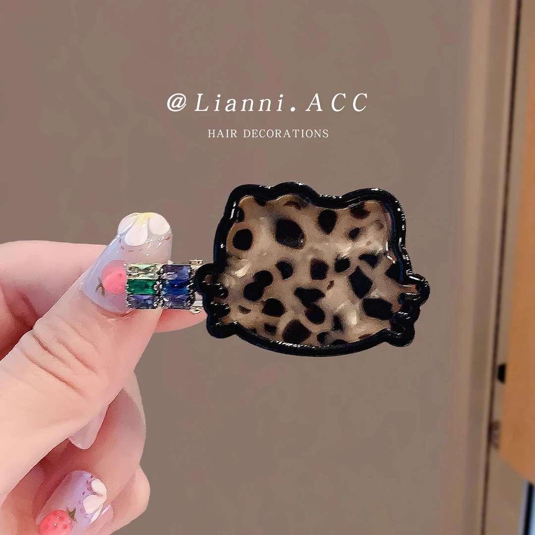 2025新款侧边夹KT猫发卡一字夹豹纹甜酷少女HelloKitty水钻发夹女