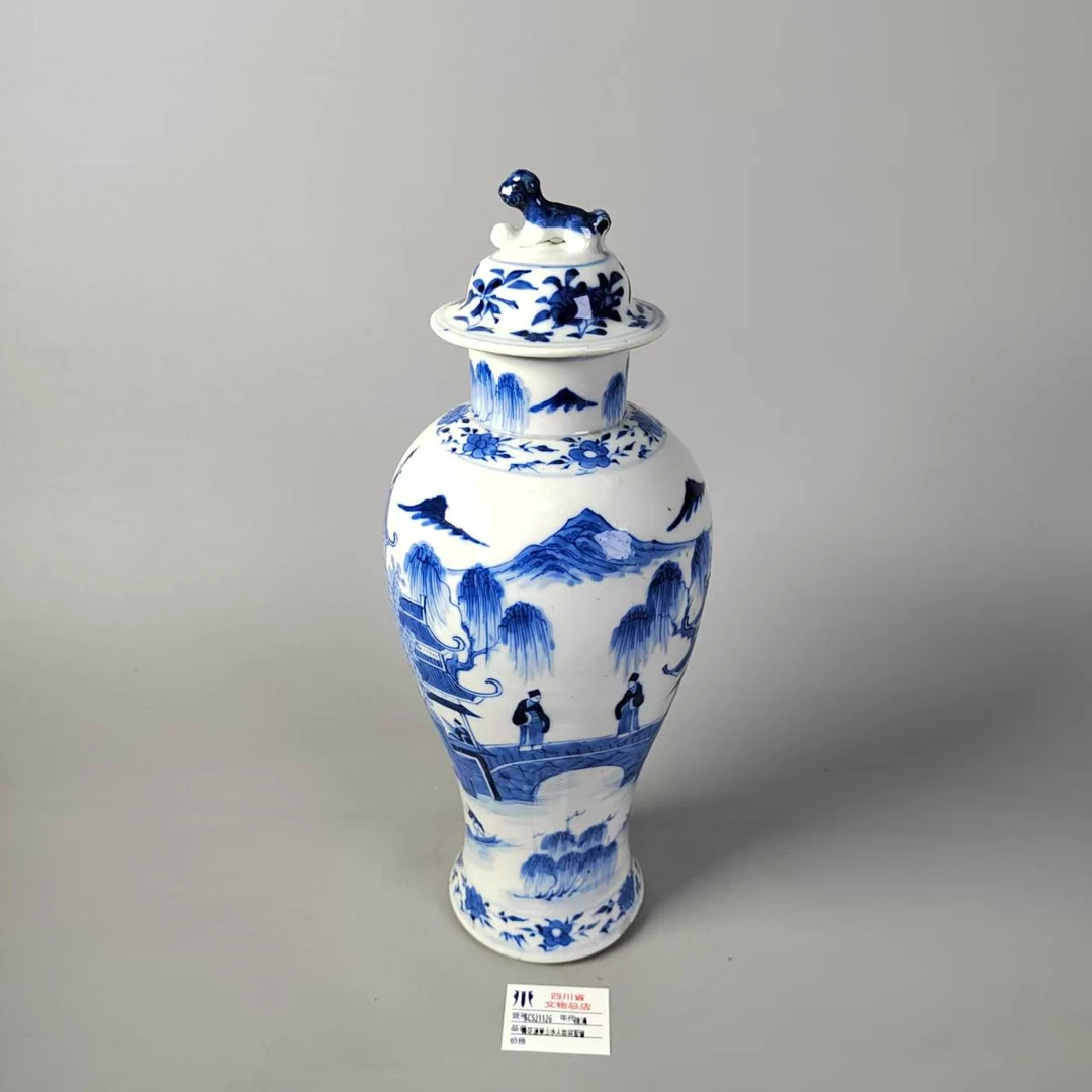 SCS21126晚清青花通景山水人物将军罐