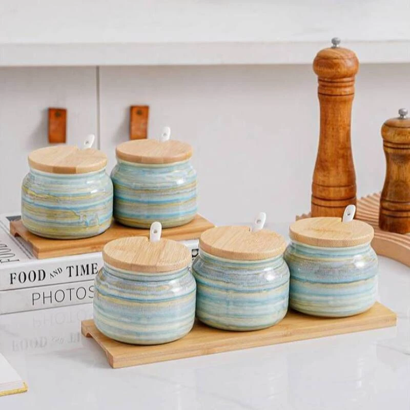 且陶 日式厨房带盖陶瓷家用调味罐套装
