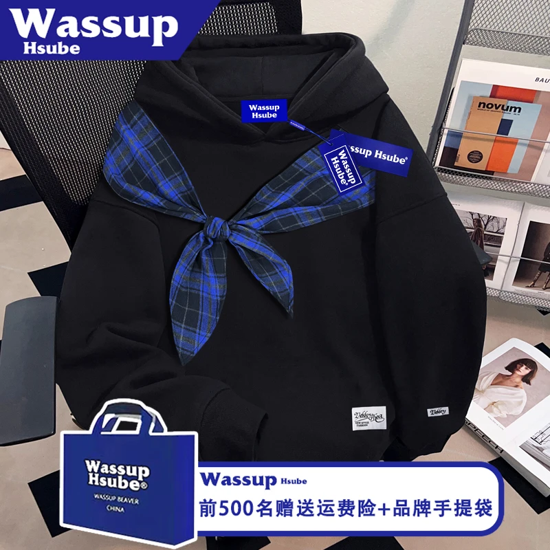 WASSUP HSUBE宽松设计感黑色连帽套头卫衣秋冬男女纯色休闲风上衣