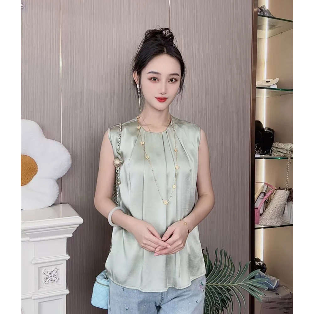 重磅真丝双乔弹力缎背心桑蚕丝吊带背心女内搭圆领无袖上衣BX07