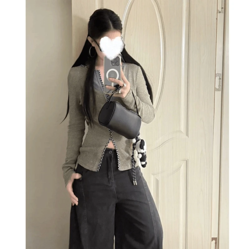 YIDENG格纹扭结包边收腰显瘦打底衫长袖上衣秋季新款休闲T恤女
