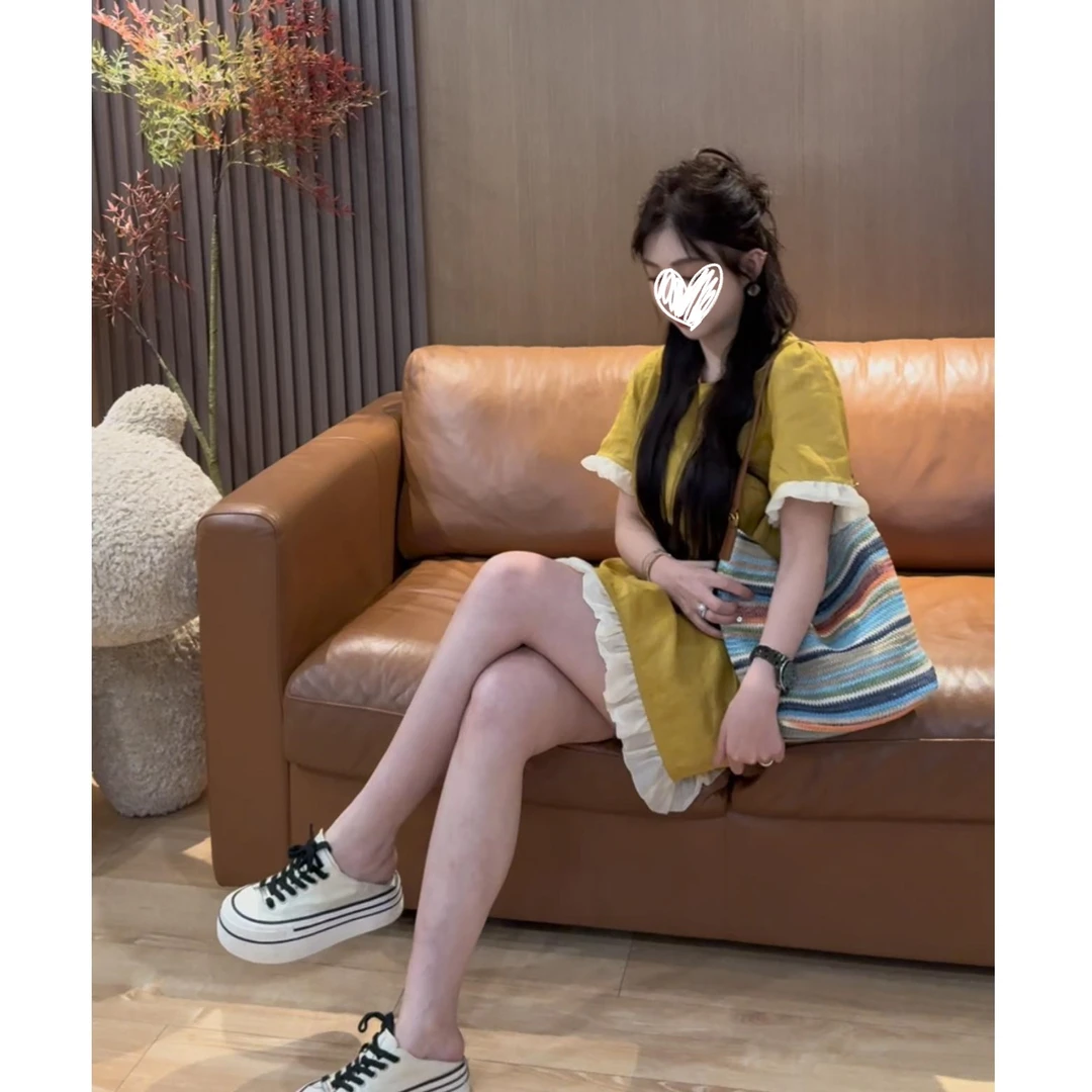 设计感下摆拼接木耳边宽松气质连衣裙1476