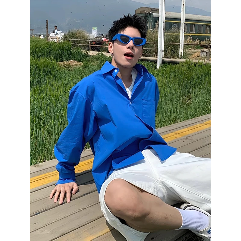 克莱因蓝色长袖衬衫男高级感夏季薄款韩系慵懒风cleanfit衬衣外套