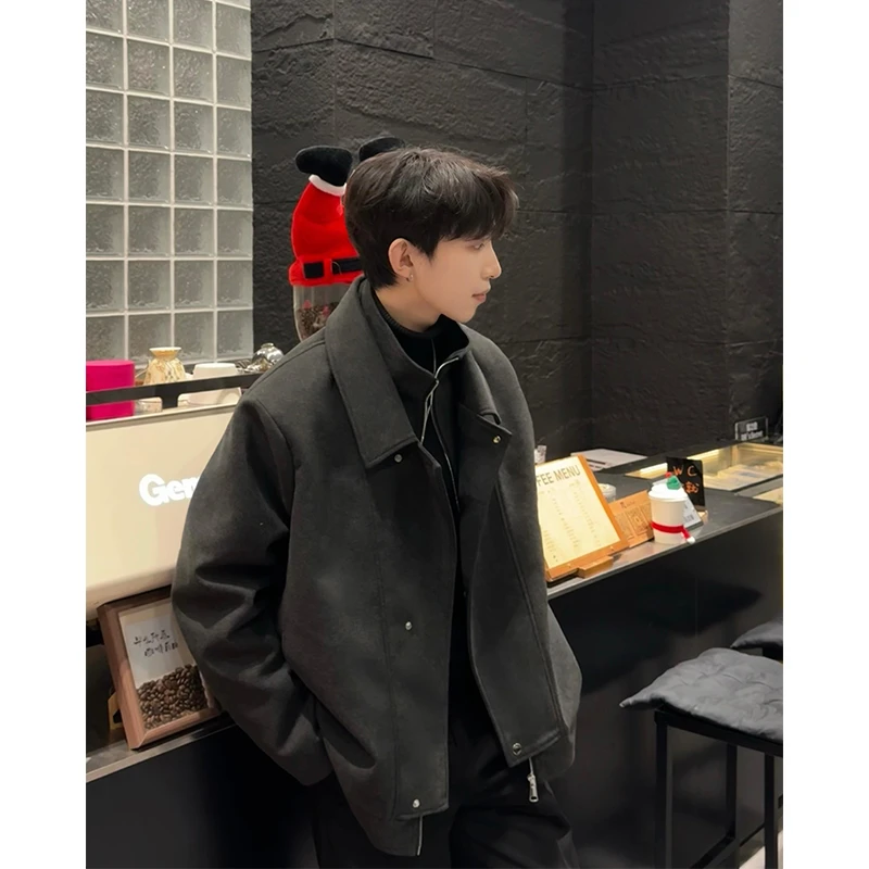 假两件短款毛呢大衣男秋冬季高级感呢子夹克潮流宽松加棉风衣外套