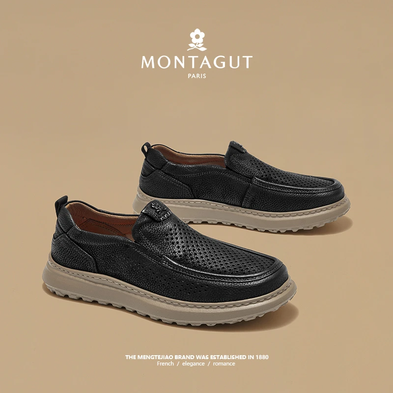 梦特娇一脚蹬男鞋夏季2025新款镂空透气平底鞋男头层牛皮休闲皮鞋