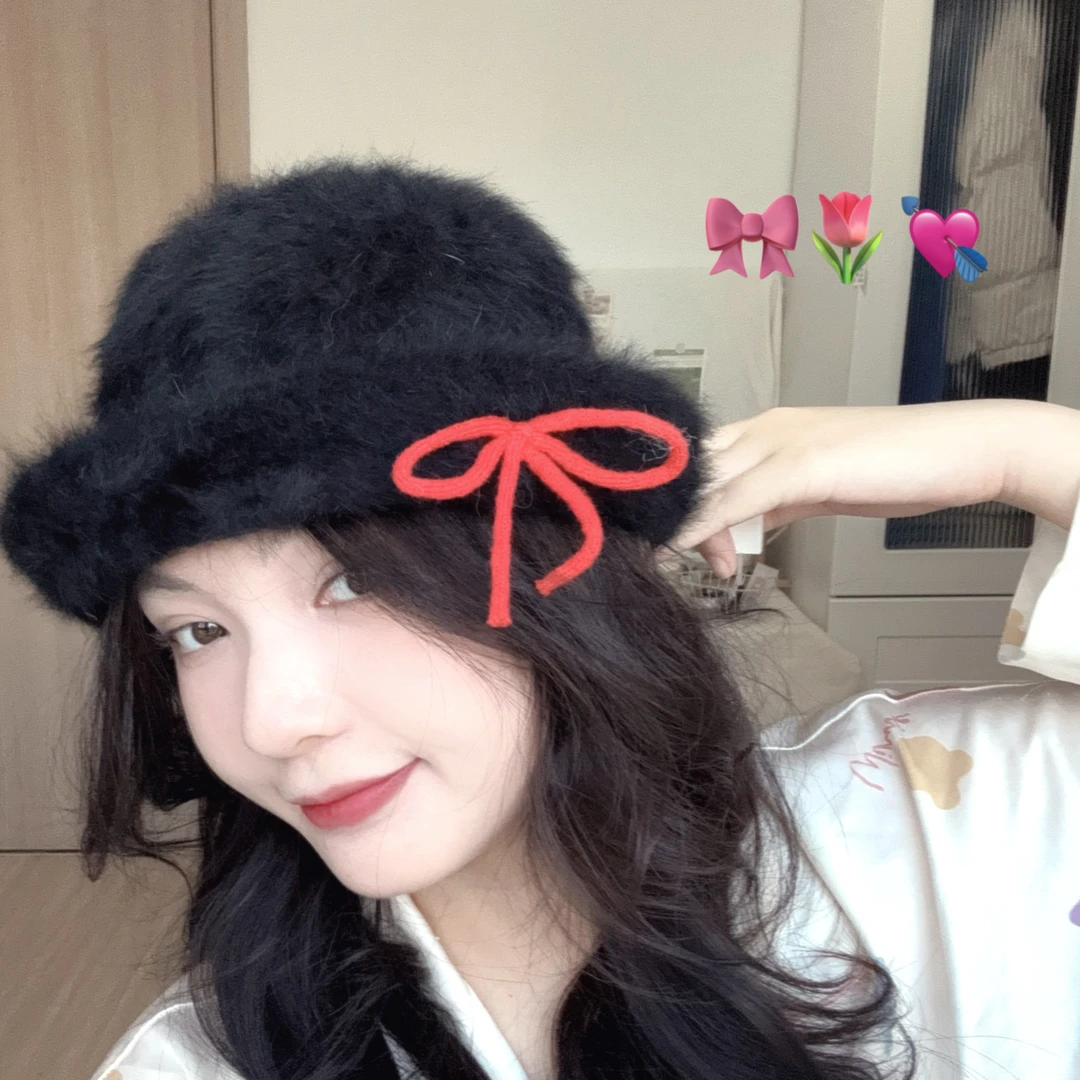 日式秋冬礼帽优雅可爱蝴蝶结帽子冬季女款针织雷锋帽红色猫咪