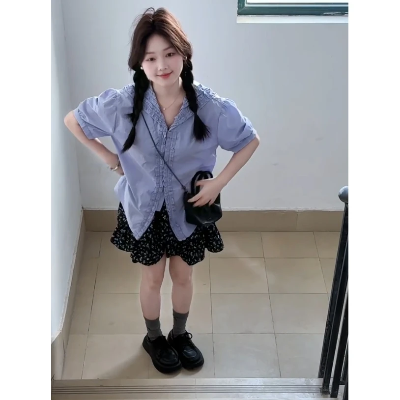 2025多巴胺紫色木耳边海军领衬衫女夏季宽松休闲泡泡袖小衫上衣女